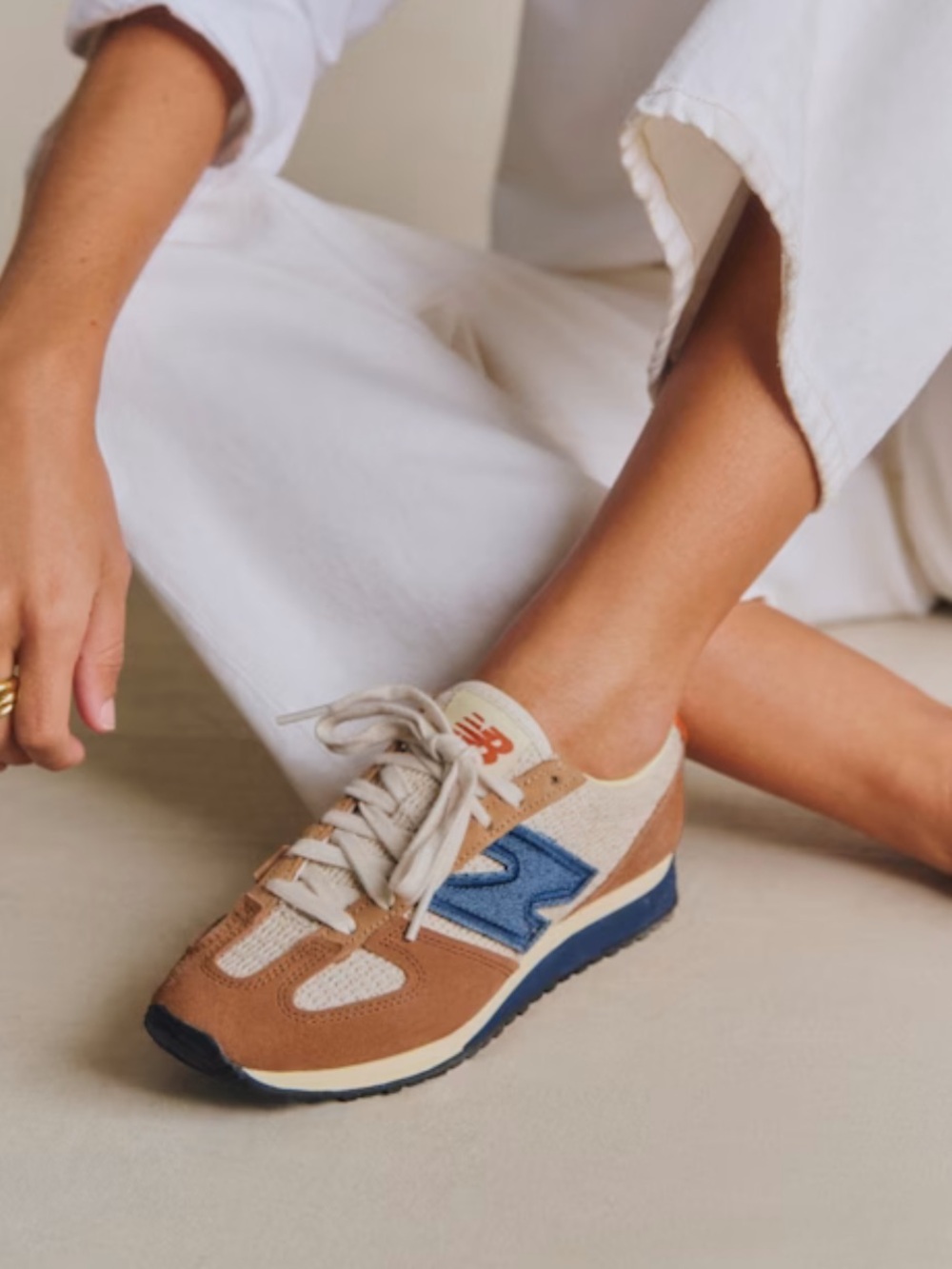 Sezane x New Balance Women's Tan, Navy & Cream Retro Runner Sneakers - Picture 2 of 10